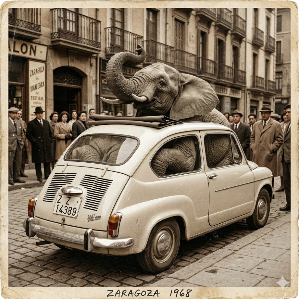 Elefante dentro de un Seat 600 en una calle antigua de Zaragoza. Metáfora de la cabezonería y la fuerza de voluntad para superar retos imposibles.