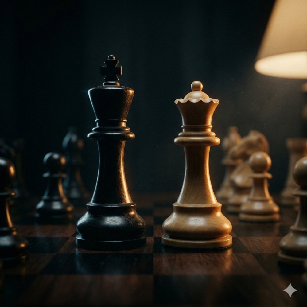 Tablero de ajedrez en penumbra con el Rey y la Reina enfrentados. Metáfora de la lucha entre la mente consciente y el subconsciente para superar adicciones.