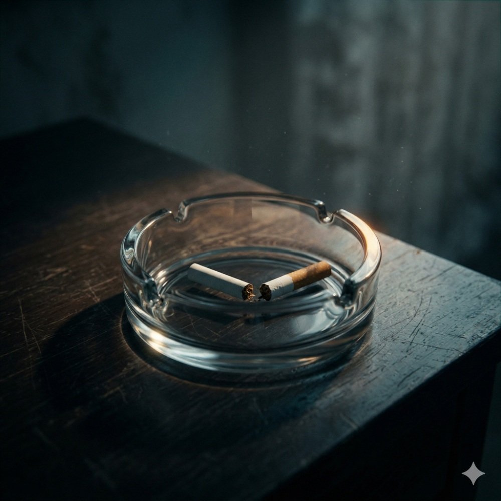 Cenicero con un cigarro roto. Metáfora sobre cómo dejar de fumar y domar a tu subconsciente.