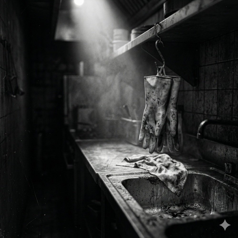 Cocina industrial oscura y descuidada en blanco y negro. Representación de los malos hábitos en la hostelería y el punto de inflexión para cambiar de vida.