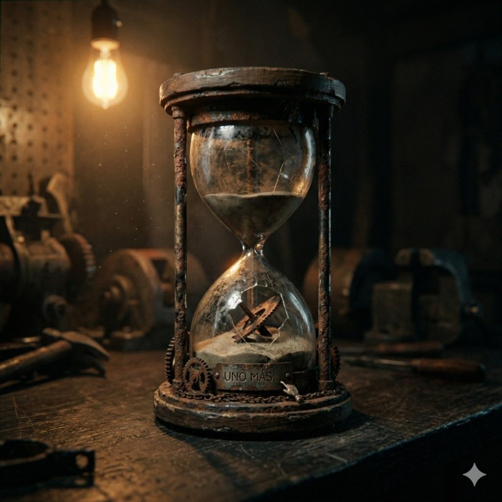 Reloj de arena antiguo y oxidado roto en un taller oscuro. Metáfora del tiempo perdido con la adicción al tabaco y la urgencia de dejar de fumar.