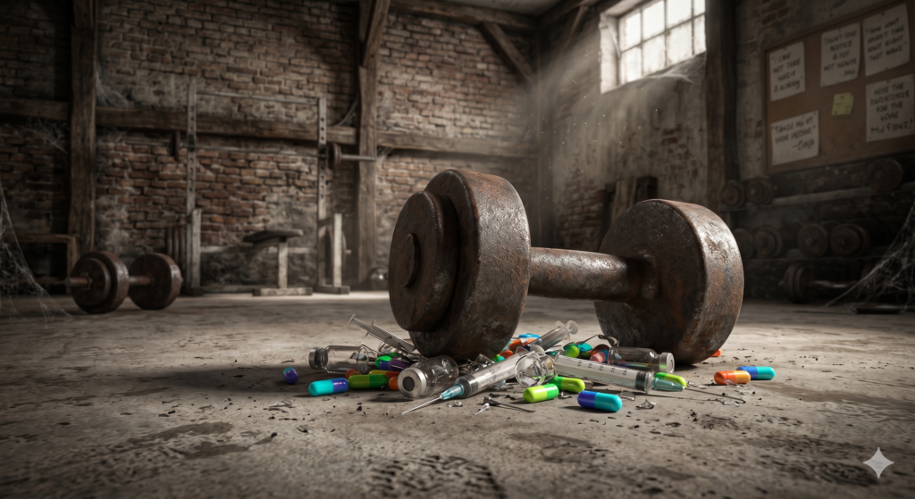 Mancuerna de hierro aplastando jeringuillas y pastillas, símbolo de disciplina contra el falso fitness y la química