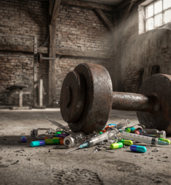 Mancuerna de hierro aplastando jeringuillas y pastillas, símbolo de disciplina contra el falso fitness y la química